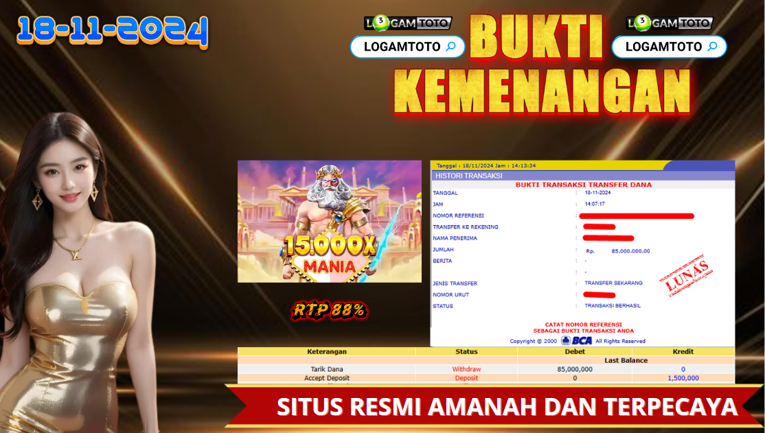 SELAMAT KEPADA MEMBER SETIA LOGAMTOTO BERHASIL JACKPOT DI PERMAINAN SLOT GATE OF OLYMPUS MANIA 15000X